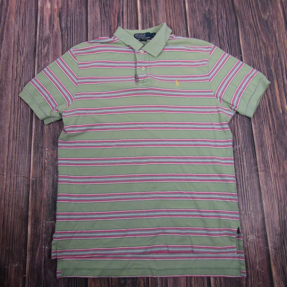 Polo Ralph Lauren Polo‎ Shirt Mens Large Green Striped Cotton Knit Top Golf